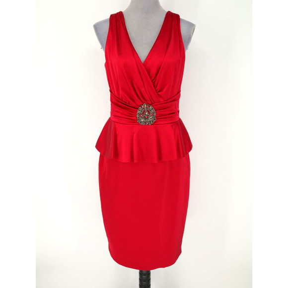 David Meister Dresses & Skirts - David Meister Dress Womens 10 Red Satin Ruched Waist Brooch Zip Lined Formal New